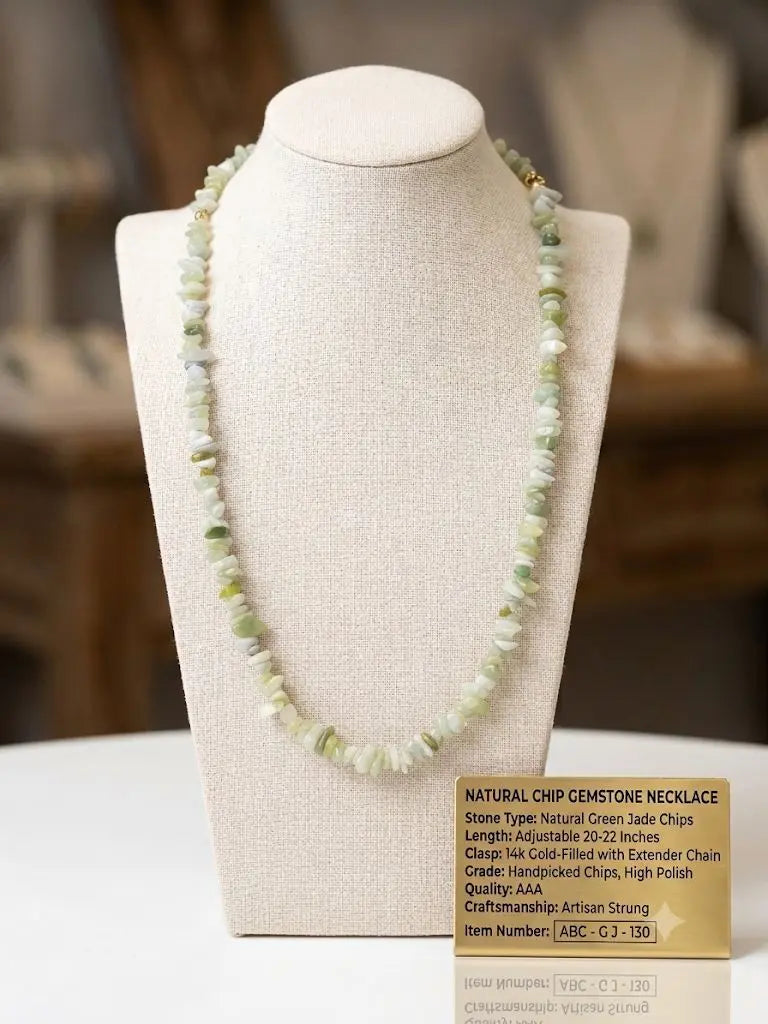 NATURAL CHIP GEMSTONE NECKLACE, Natural Green Jade Stone Chips, Length 20-22 inches (adjustable), ABC-GJ-130